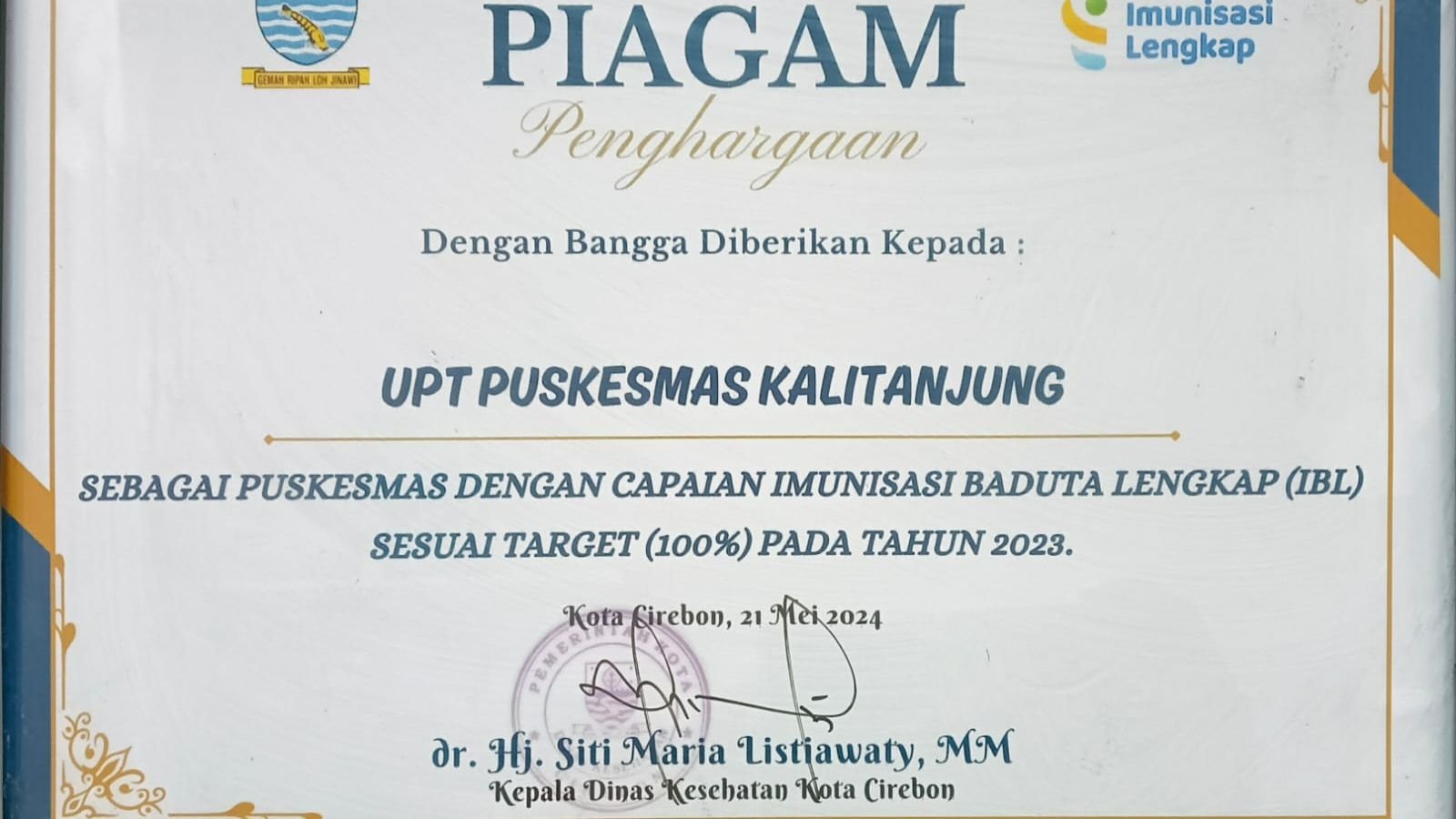 Puskesmas Kalitanjung Capai 100 Persen Imunisasi Baduta Lengkap (IBL) Tahun 2023