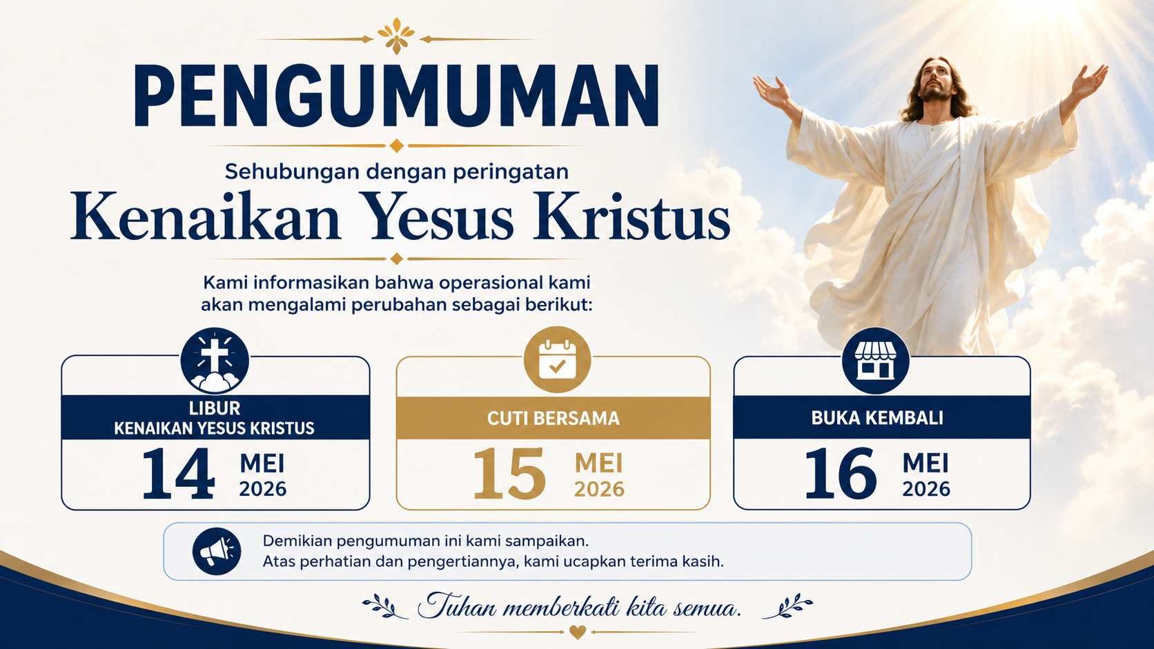Pengumuman Libur Kenaikan Yesus Kristus dan Cuti Bersama Tahun 2026