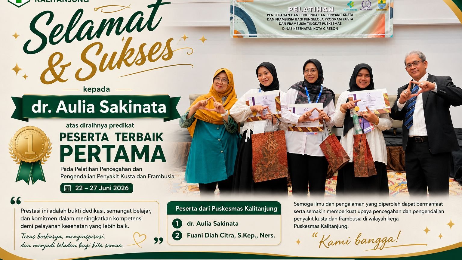 Puskesmas Kalitanjung Raih Prestasi Membanggakan pada Pelatihan Pencegahan dan Pengendalian Penyakit Kusta dan Frambusia